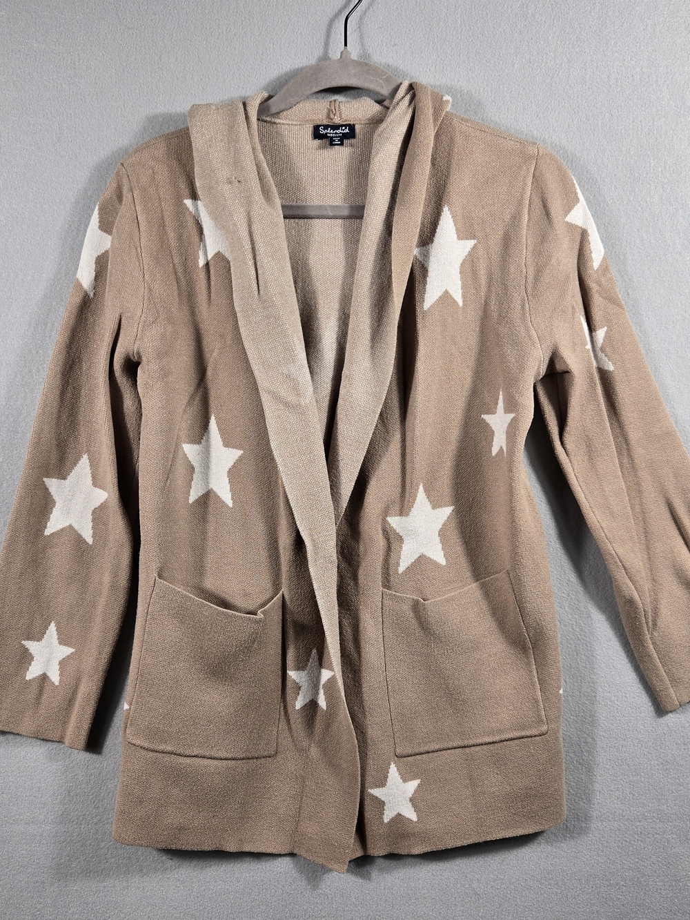 Splendid Star Print Hooded Open Front Cardigan - Taupe/White